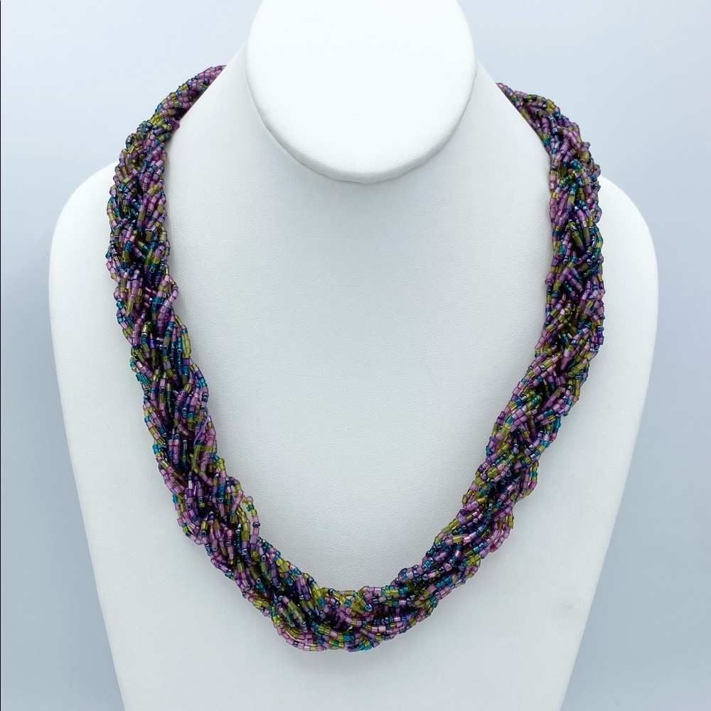 Braided Seed Bead Purple Green Blue Boho Chic Statement Necklace
